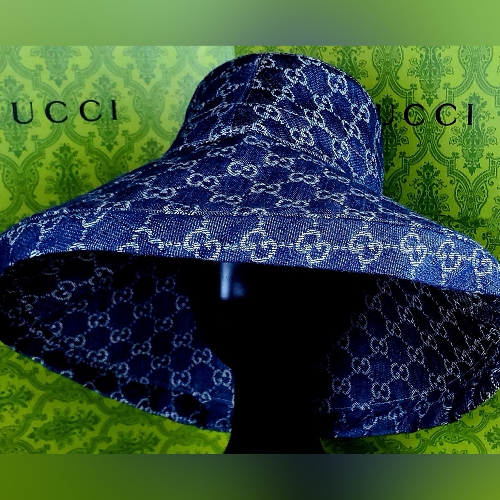 Navy Blue Jacquard Denim Monogram Wide Large Brim Bucket Hat Beach New Sun Cover - Picture 2 of 15